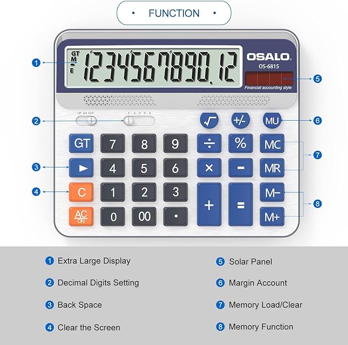 Desktop Calculator Extra Large 5-Inch LCD Display 12-Digit Big Number Accounting Calculator with Giant Response Button, Battery & Solar Powered, Perfect for Office Business Home Daily Use(OS-6815)