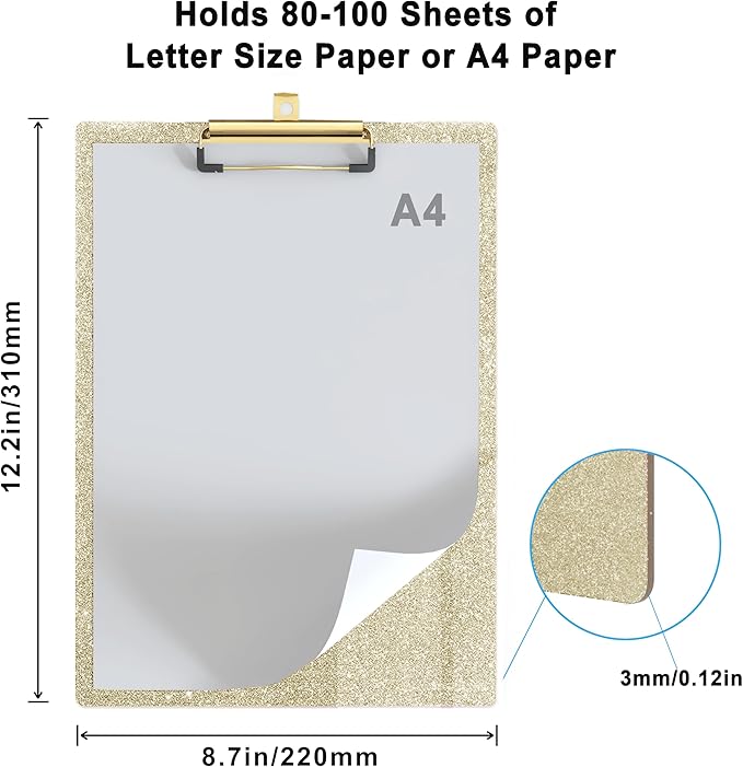 Glitter Acrylic Clipboard Decorative Standard A4 Letter Size 12.2" x 8.7", Fashion Bling Clip Boards with Designed Low Profile Gold Clip for Classroom Office - Light Gold