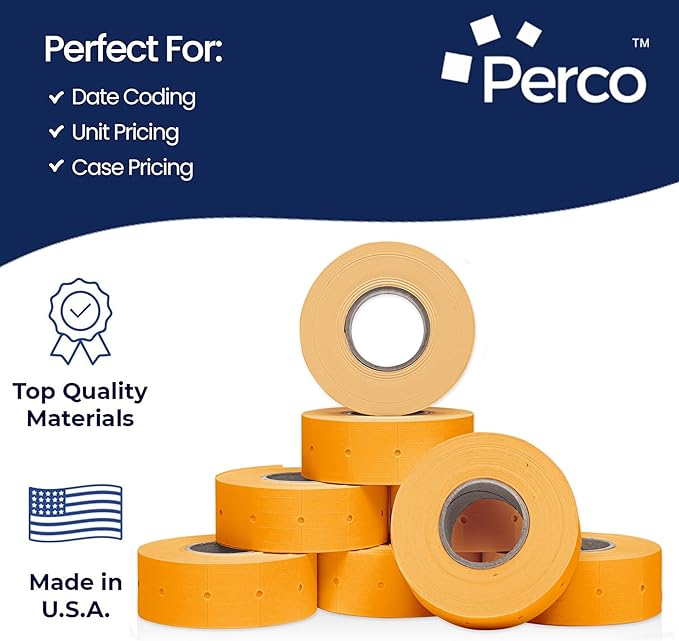 Perco 2 Line Fluorescent Orange Labels - 80 Rolls, 10 Sleeves, 80,000 Blank Price and Date Gun Labels for Perco 2 Line Price and Date Guns - Made in USA