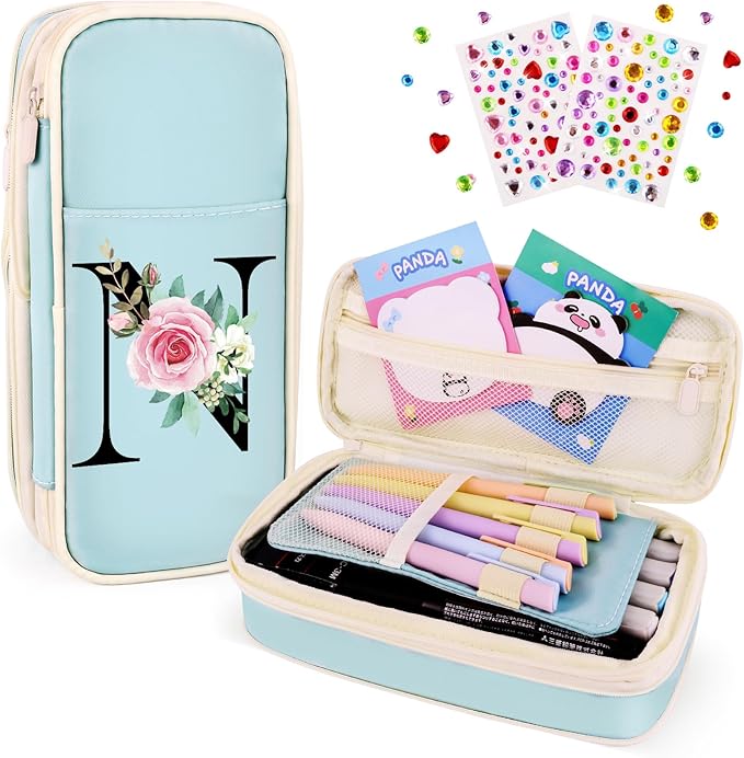 Preppy Pencil Case for Girls, Cute Large Pencil Pouch, Personalized Initial Pencil Bag with Zipper for School College Office Supplies, Back to School Supplies Gifts for Teen Girls (N, Blue)