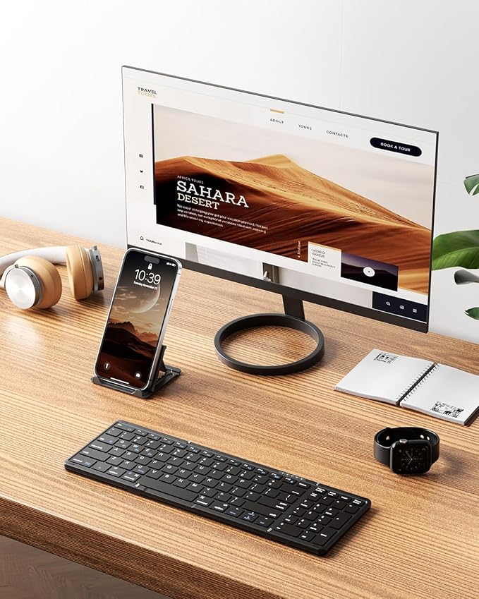 Samsers Foldable Bluetooth Keyboard with Numeric Keypad, Full-Size Wireless Folding Keyboards with PU Leather, Portable Travel for iOS Android Windows Mac OS, Support 3 Device(BT5.1 x 3)-Black