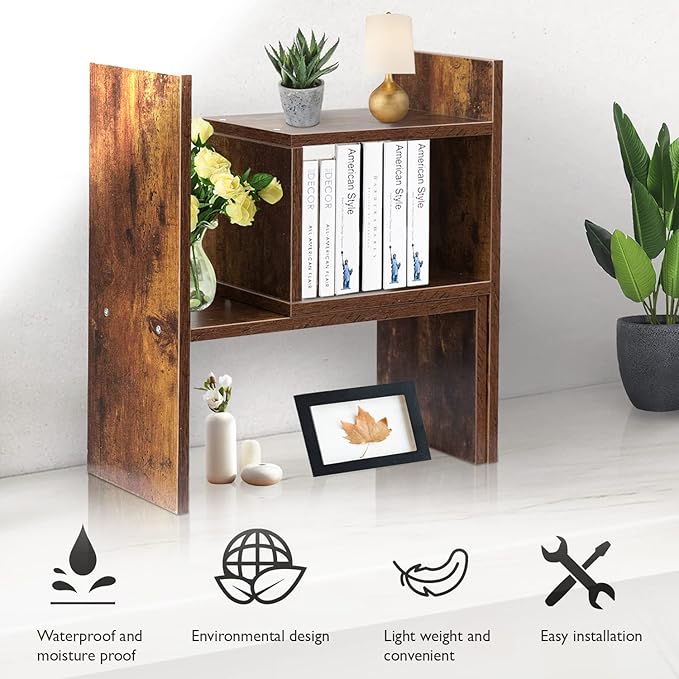 BROWN-BROWN Desktop Shelves & Office Shelves Desk Shelf Organizer Wooden Desk Shelf