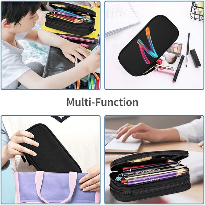 Cute Initial Pencil Case for Kids Students, Large Capacity Pencil Pouch for Boys Girls, Letter Design Pencil Box Pen Bag Office Stationery Organizer, Rainbow Letter N