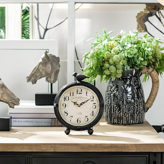 NIKKY HOME Vintage Table Clock with Bird, Metal Desk Clocks Battery Operated Black Retro Table Clock on Stand Decorative Desk Clock for Bedroom Living Room Shelf