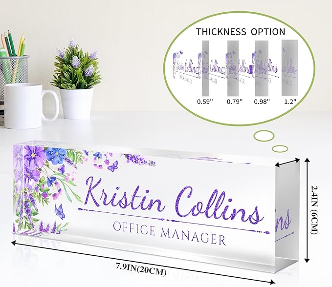 Custom Name Plate for Desk, Personalized Desk Name Plate on Clear Acrylic Glass, Appreciation Gifts for Teacher Employee Boss Coworkers Nurse, Office Desk Accessories for Women Men (Lavender)