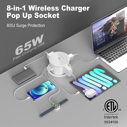 Pop Up Countertop Outlet with 15W Wireless Charger, PD 65W USB-C Ports & 4 AC Outlets, 800J Surge Protection, 4.75 inch Pop Up Electrical Outlet, 6Ft Cord for Home Office(ETL & FCC Listed)