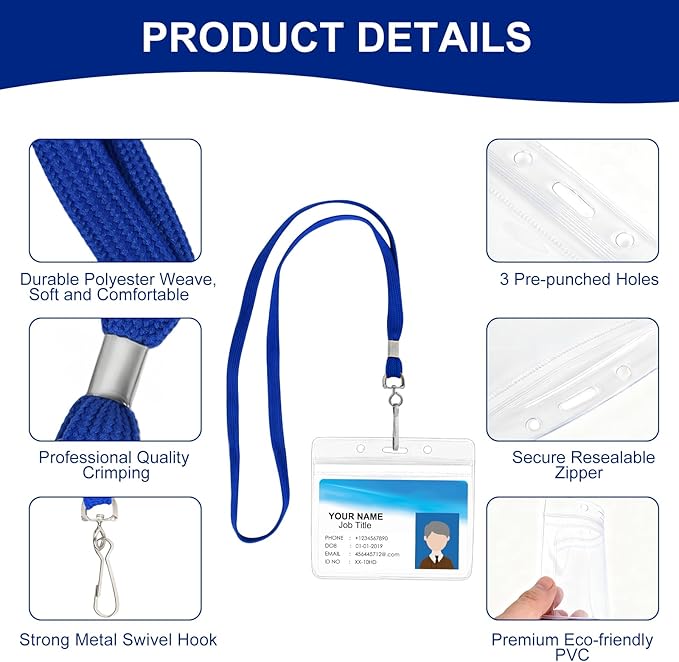 50 Pack ID Card Name Tag Badge Holders with Lanyards Blue Lanyards with Clear Horizontal Waterproof Name Badge ID Card Holders for Office School Travel (Blue)