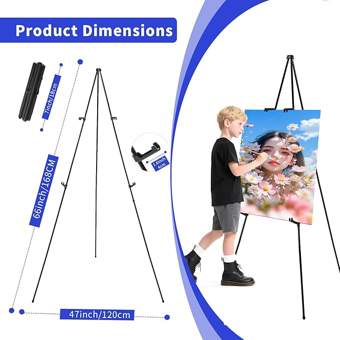 MXG Portable Folding Art Easel Stand for Sign,Painting&poster Display,66" Black Adjustable Height sign holder for Adults, Wedding, Classroom & Outdoor Use,with Wind Clips