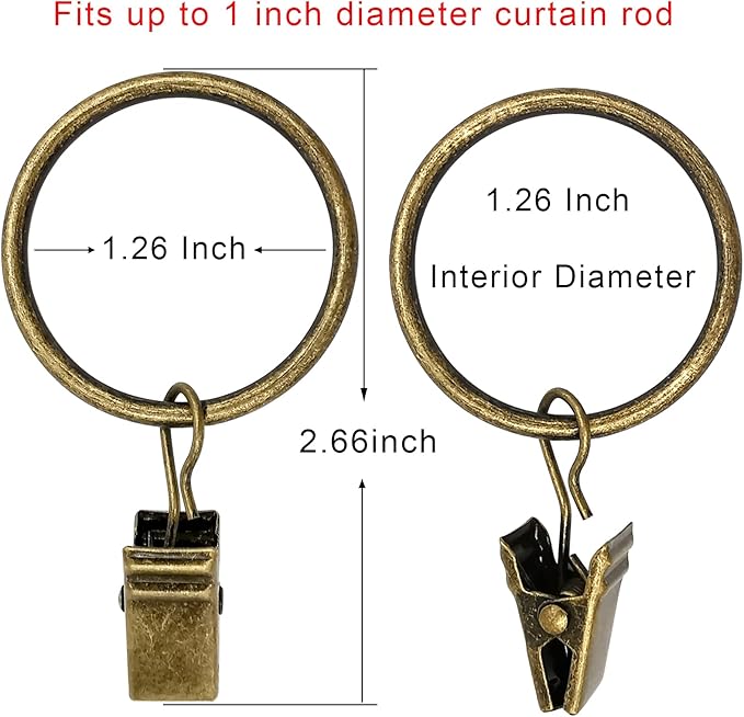 AMZSEVEN 90 Pack Curtain Rings with Clips, Drapery Clips with Rings, Drapes Rings 1.26 in Interior Diameter, Fits up to 1 in Curtain Rod, Bronze