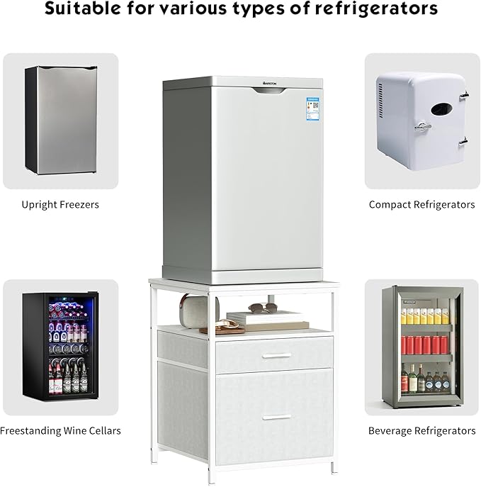 Mini Fridge Stand with 3 Storage, Mini Fridge Cabinet, Beverage Fridge Table, Heavy Duty 21.3" L* 22.7" W Tabletop, for Dorm, Apartment,Office, Bedroom White HB01BXW