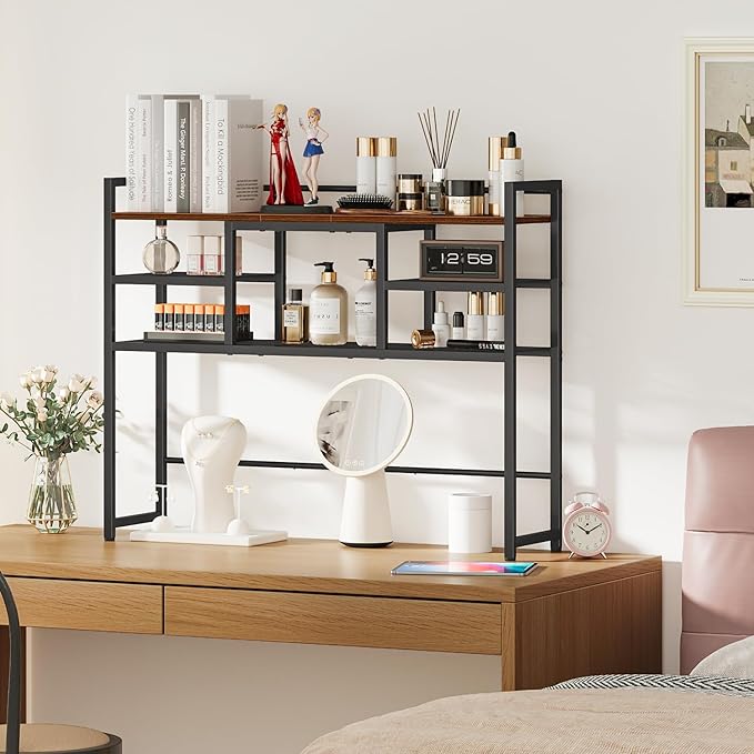 Snughome Desk Shelf, 38.6" Desktop Bookshelf, Desk Hutch Dorm, Countertop Storage Hutch with 5 Shelves for Computer Desk, Multipurpose Wood Desktop Display Organizer Rack for Home Office Dorm