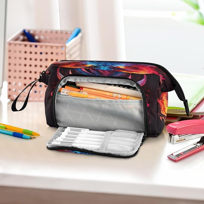 Dragon Fire Pencil Case Pouch Big Capacity Pencil Bag Box Organizer Pen Case with Handle Stationery Organizer for Girls Boys Women Kids Adults School