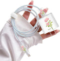 Flowers DIY Cable Protector for iPhone 18W/20W Charger,Pink Rose Pretty Design Transparent Data Line Cable Saver Phone Charging Protector for Apple Charger Case
