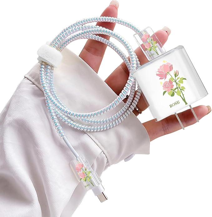 Flowers DIY Cable Protector for iPhone 18W/20W Charger,Pink Rose Pretty Design Transparent Data Line Cable Saver Phone Charging Protector for Apple Charger Case
