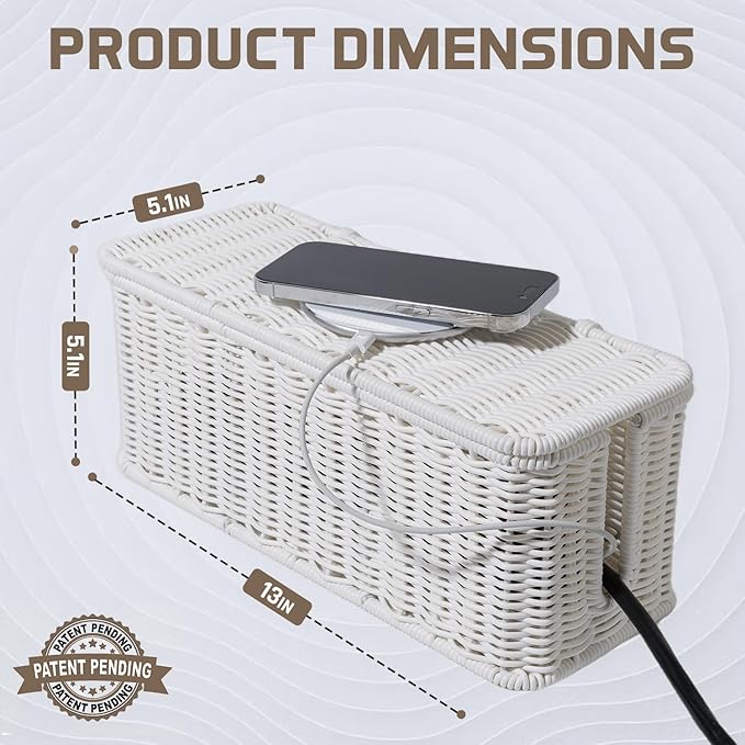 Cable Management Box, Handmade Rattan Cable Organizer, 2 Open Slots Cords Hider Box, Under Desk Cord Organizer for Computer Router USB Hub & Power Strip, Patent Pending, 13" x 5.1" x 5.1", White