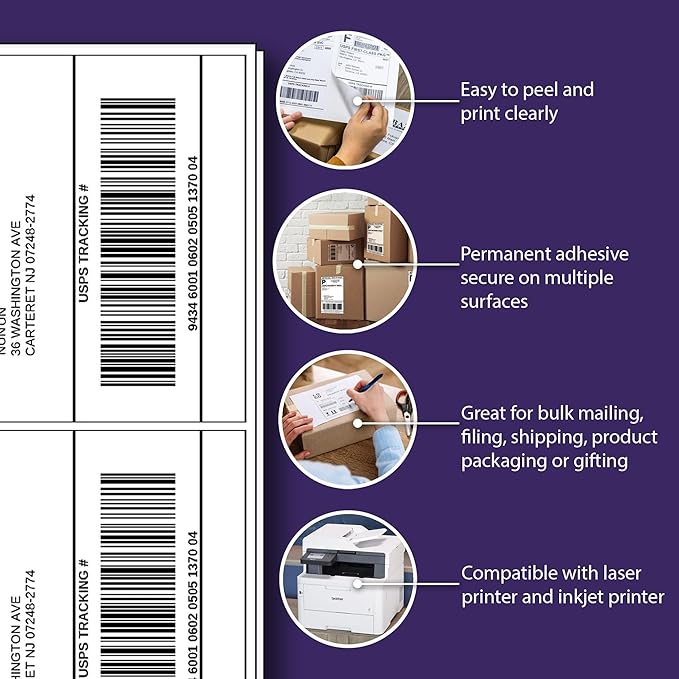 Everstix 5.5" x 8.5", 100 Sheets, 200 Printable Half Sheet Labels, Blank Mailing Labels for Laser & Inkjet Printers, Letter Size