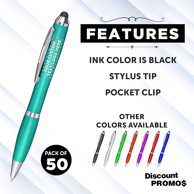 DISCOUNT PROMOS Custom Plastic Stylus Pens Set of 50, Personalized Bulk Pack - Black Ink, Great for Office, School, Business, Tradeshows, Events - Teal