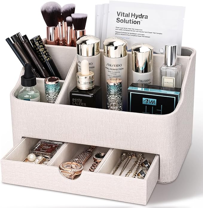 KINGFOM Desk Organizer with Drawer, Multifunction Pencil Holder for Desk, Desk Organizer and Accessories 5 Comparetments for Home Office Supplies (Beige)