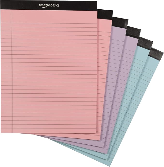 Amazon Basics Wide Ruled 8.5 x 11.75-Inch 50 Sheet Perforated Lined Writing Note Pads, Pack of 6, 300 Count, Multicolor