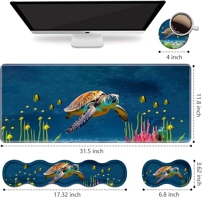 Ergonomic Keyboard Wrist Rest and Mouse Pad Wrist Rest Set, Large XXL Gaming Mousepad 31.5"x 11.8", Memory Foam, Easy Typing Pain Relief, Multifunctional Desk Mat for Office & Home, Sea Turtle