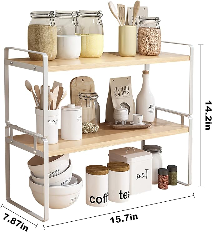 YGYQZ Wood Office Desk Shelf Organizer - Desktop Supplies Cute Dresser Top Organization Storage Rack and Cubicle Decor Aesthetic Bookshelf for Women Man and Kids (White-Two Tier)