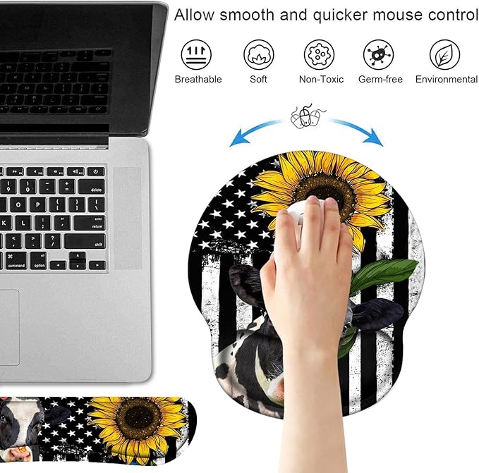 Keyboard Wrist Rest and Mouse Pad Wrist Support Set with Coasters, Ergonomic Gaming Mousepad for Home Office Working Studying Easy Typing & Pain Relief, American Flag Sunflower and Cow