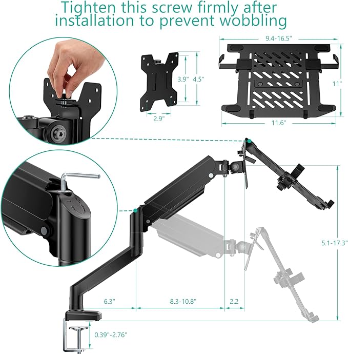 WALI Laptop Desk Mount, 2-in-1 Monitor Mount with Adjustable Laptop Tray, Fits Max 17" Notebook and 34" Computer Screen, Max Holds 22-26.4 lbs, Single Monitor Laptop Stand for Desk (GSMP001NLP), Black