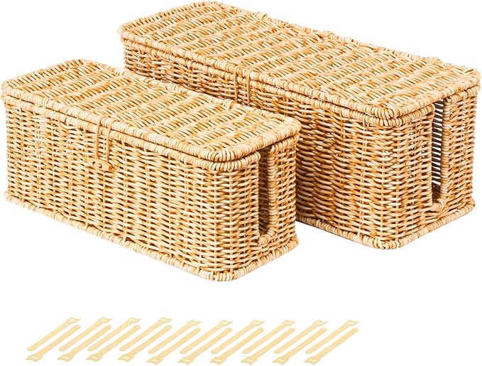 BROWNLILY Cable Management Box, Rattan Style Cord Organizer for Desk Cord Hider Outlet Covers Baby Proofing for Power Strip TV PC Router Charger Under Desk Storage with Lockable Lid and Cable Ties