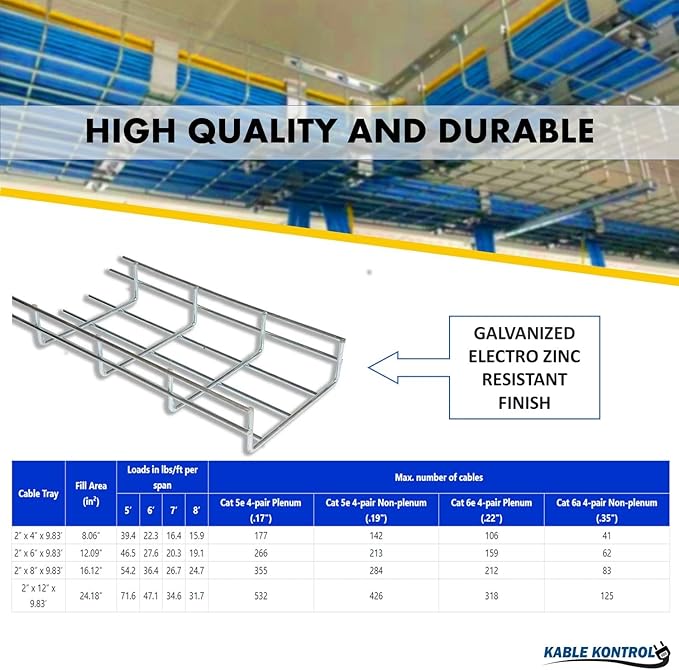 Kable Kontrol Cable Tray - 10 Ft L x 2" W x 2” H - 10 Pcs Bulk Pack - Wire Mesh Tray Cable Management Rack Cord Organizer Cable Basket, Zinc Plated Steel NEC Approved for Network, Fiber Optic, Cabling