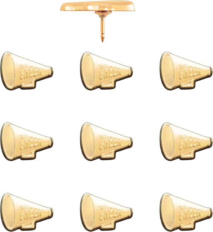 Cheer Megaphone Push Pins - Gold Cheerleading Megaphone Pins for Cork Boards, Maps, or Lapel Use - Designed in USA - Set of 10
