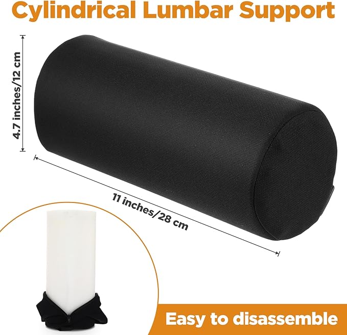 Lumbar Support Pillow for Office Chair and Car Seat, 2 PCS Lumbar Rolls with Adjustable Strap & Washable Cover, Memory Foam Back Support Cushion - Improves Posture(Black)