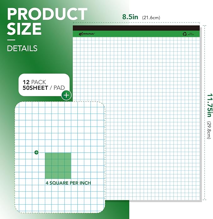 KAISA Graph Paper Legal Pads Writing Pads 600 Sheets Recycled Paper 8.5"x11.75" Quad Ruled 4x4 Perforated 50sheets/pad Grid Paper Notepads Writing Tablet White For Office Supplies (White 6pad, 8.5x11.75'')