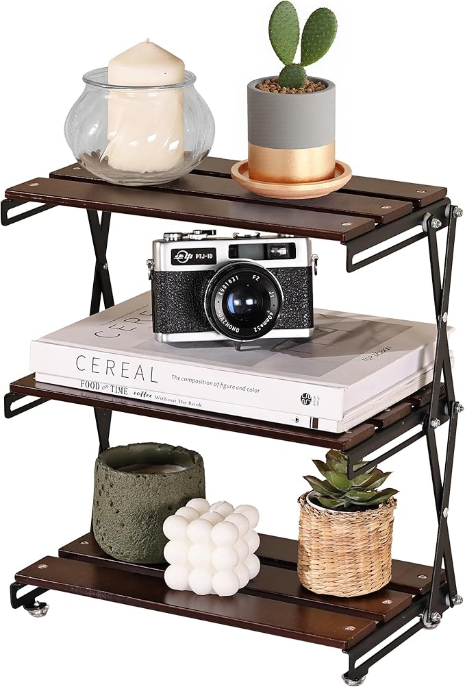 Desk Shelf Organizer 3 Tiers Wood Compact Desk Organizer Storage Rack Metal Frame Office Desk Shelf Organizers,Walnut