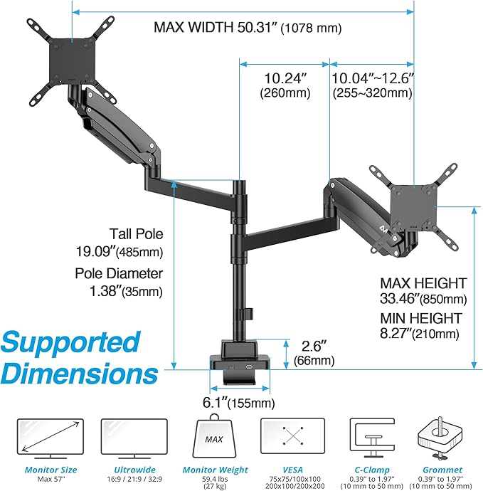 AVLT Dual 57 Inch Heavy Duty Stacking Monitor Arm Pole Top Mount With USB-C USB-A Ports-Black, Height Adjustable, Easy Install Top C-Clamp/Grommet With Reinforcement Plates, VESA Compatible 200/100/75