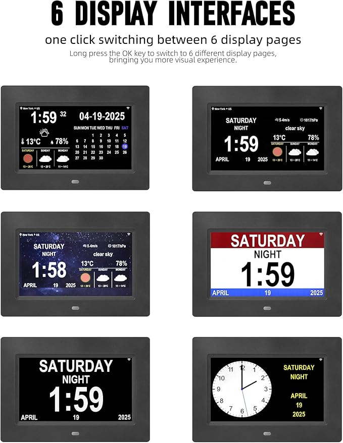 Digital Alarm Clock, Multiple Alarm Functions, Clock with Date and Week, Digital Alarm and Electronic Calendar for Seniors (Black, 7inch WiFi)