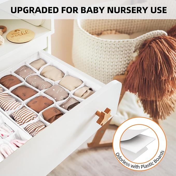 Criusia Drawer Organizer - 6 Set Clothes Organizer for Closet & Bedroom - 90 Cells Bins for Sock, Underwear, Bra, Baby Clothes - Washable & 10xDurable than Non-Woven Fabric (White)