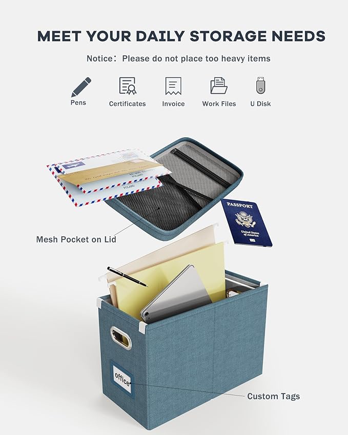 Oterri File Organizer with Lid, Hanging Filing Box with Mesh Pocket, Document Organizer for Letter Files, Portable Storage Box with Smooth Sliding Rail for Office&Home (2 PCS, Dark-blue)