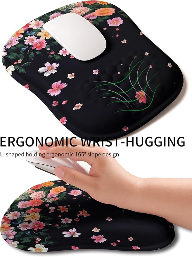 Hokafenle Ergonomic Wrist-Hugging Mouse Pad Wrist Support, U-Shaped Holding Wrist Rest Mousepad for Carpal Tunnel Pain Relief with Cushioned Memory Foam Slope Massage Bulge (10.2x8.3 in,Fall Flower)