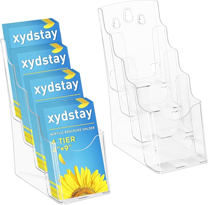 Acrylic Brochure Holder 4 x 9 Inches, 4 Tier Magazine Holder Brochure Display Stand, Clear Pamphlet Flyer Holder, Literature Booklet Holder for Countertop or Wall Mount Use, 2 Pack