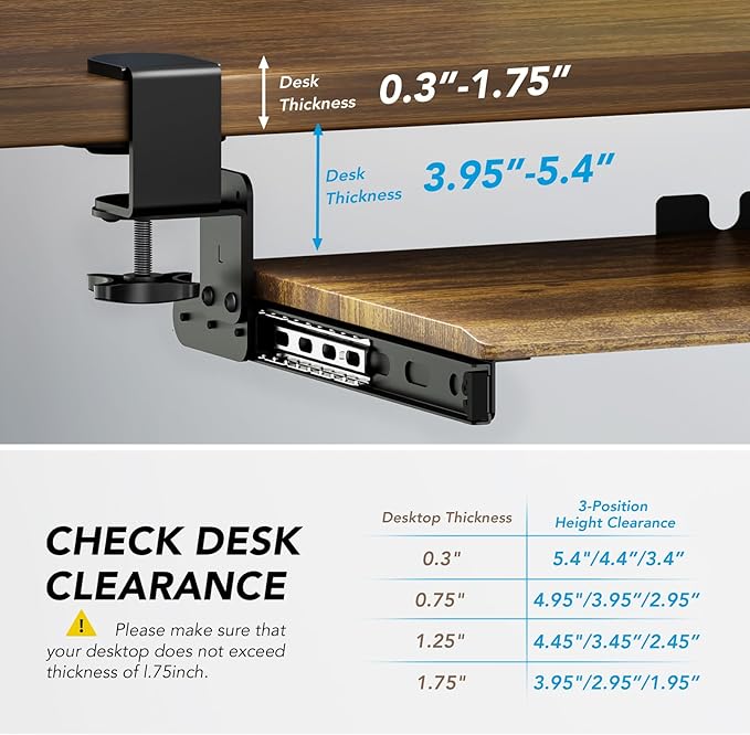 AX WABER Keyboard Tray Under Desk Pull Out with Extra Sturdy C Clamp Mount System, 27.3 (32.5 inch Including Clamps) x 11 Inch Slide-Out Platform Computer Drawer for Typing Vintage AX01WG02