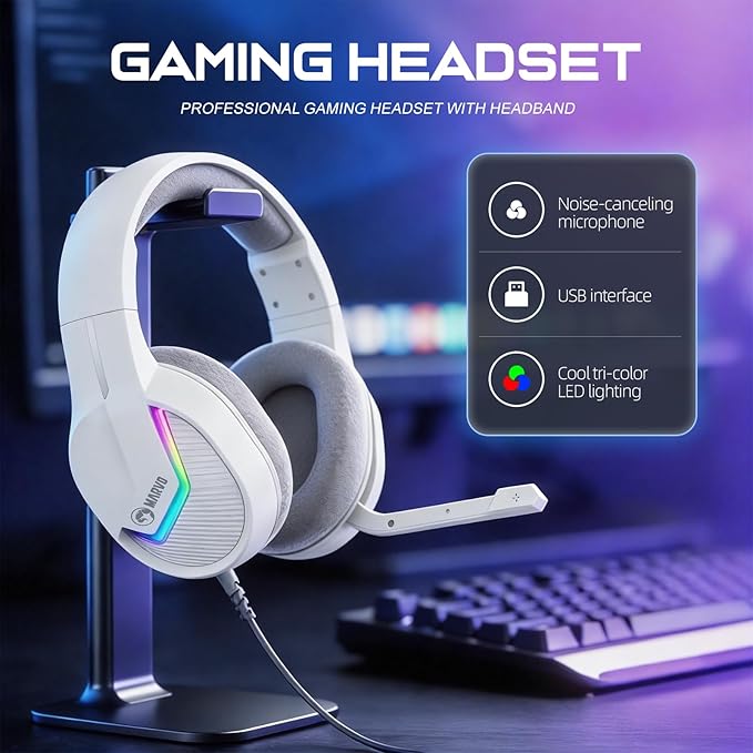 MARVO USB Gaming Headset with Mic, Wired Headphone with 7.1 Surround Sound, Noise Canceling Gaming Headphones for PC, PS5/PS4, Laptop, Mac, Nintendo- H8618