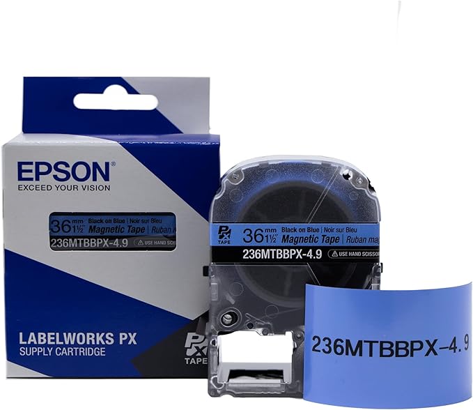 Epson LABELWORKS 236MTBBPX-4.9 Genuine Magnetic Tape Cartridge - Black on Blue Magnet Label Maker Tape - 1.5" (36MM) Wide, 4.9 ft, Blue