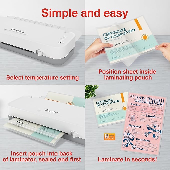 Staples Thermal Laminator Machine, 9.5 Inch W, Dual-Function Hot & Cold Laminating, Office Presentation Supplies, White/Gray