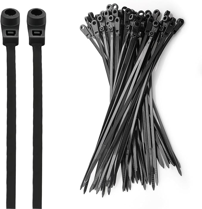 Plastic Cable Ties with Screw Holes, 7.5-inch 50lb Load Capacity Mounting Head, Black Mounting Cable Ties (200-Pack)