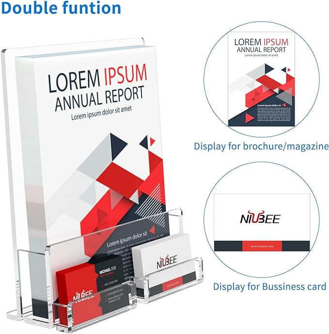 NIUBEE 2-Pack Acrylic Brochure Holder 8.5*11 inches , Clear Brochure Display Stand with Acrylic Business Card Holder, Plastic Flyer Display Stand for Magazine, Pamphlet, Booklets, Menu, Journals