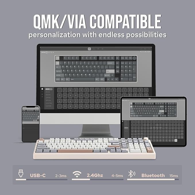 EPOMAKER Galaxy100 QMK/VIA Wireless Gaming Keyboard, Aluminum Shell, BT/2.4Ghz/USB-C, Pre-Lubed Hot-Swappable Linear Switches, NKRO, RGB Backlit (Creamy White, Wisteria Linear Switch)