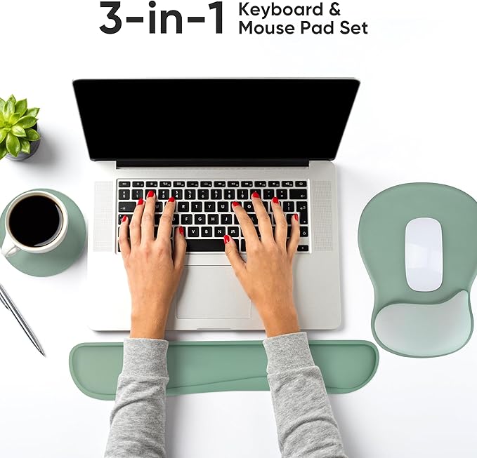 Wrist Rest Support for Mouse Pad Keyboard Set Circle Coaster Gaming Mouse Pad Ergonomic Gel Memory Foam Set for Computer, Laptop, Office, Pain Relief, Comfortably Typing Pure Green KM-34
