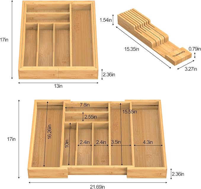 Bamboo Kitchen Drawer Organizer, Expandable Silverware Organizer with Removable Knife Block, 6-8 Slots- Utensil Holder & Cutlery Tray Drawer Dividers, 2.36" Deep for Extra Capacity, Natural