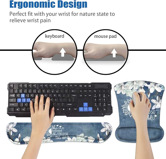 Keyboard Wrist Rest and Mouse Pad Wrist Support Set with Coasters, She Believed She Could So She Did Inspirational Quote Wrist Mouse Pad with Non-Slip PU Base for Home Office Working Studying