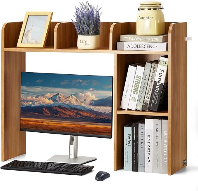 VEVOR Wood Desk Shelf, Desktop Bookshelf, Desk Storage Hutch with 6 Shelves, Office Countertop Organizer 3-Tier Display Rack, with Anti-Slip Feet Pads, for Office, Home & Dorm, Natural
